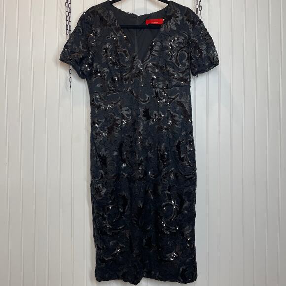 Carmen Marc Valvo Black Embroidered V-Neck Sequin Short Sleeve Midi Dress Sz 12 - Picture 1 of 8